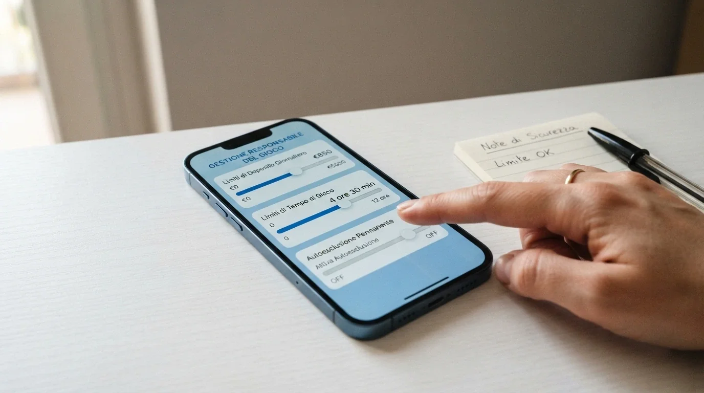 Interfaccia di controllo del giocatore con levette per limiti di deposito, tempo e autoesclusione