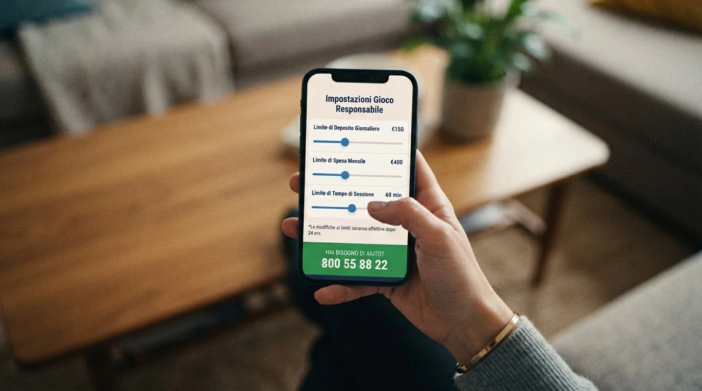 Schermata dell'area autolimitazione di un casinò ADM con cursori per deposito, spesa e tempo, e il numero verde 800 55 88 22 in evidenza