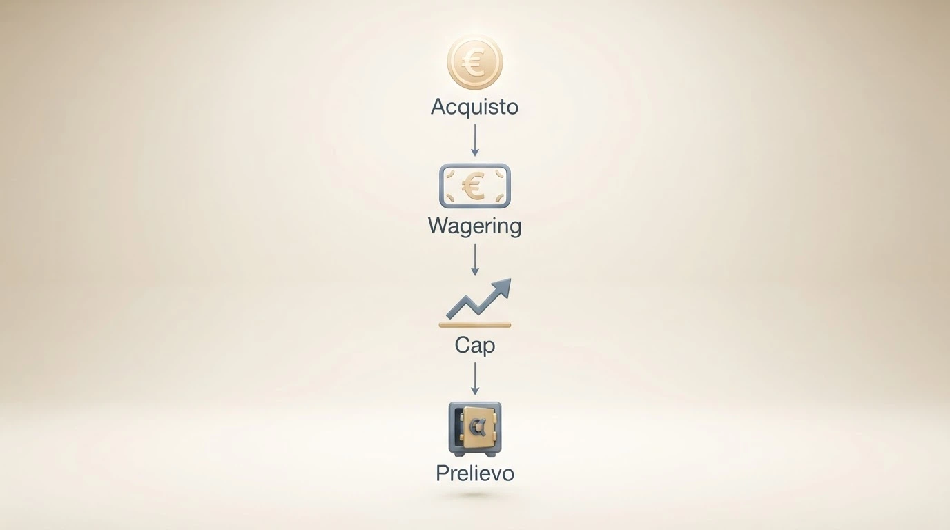 Infografica che mostra il percorso di un bonus senza deposito dall'accredito alla conversione: importo, wagering, cap, prelievo