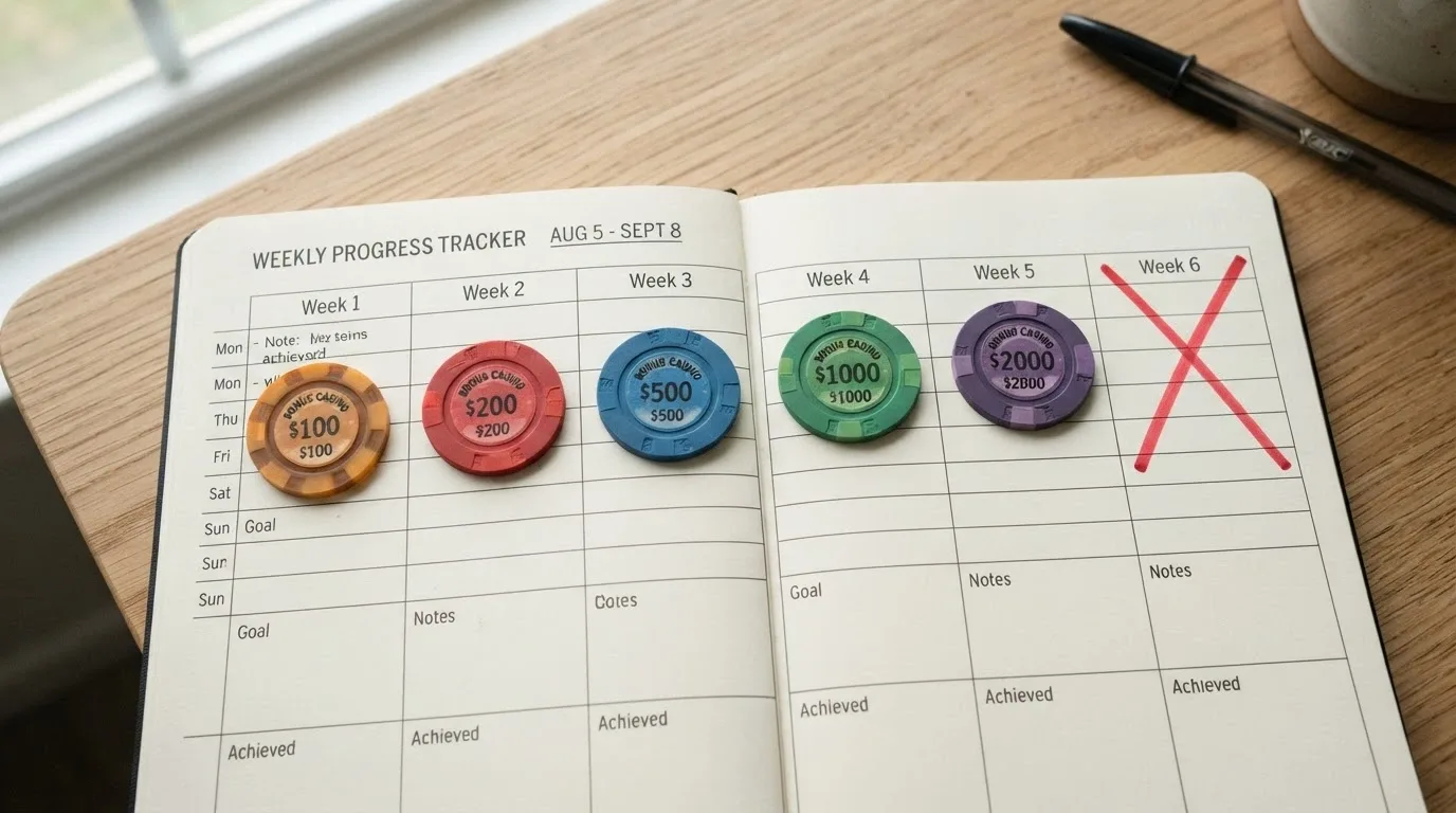 Un calendario settimanale con cinque caselle, ciascuna contenente una fiche da 20€, e una casella barrata
