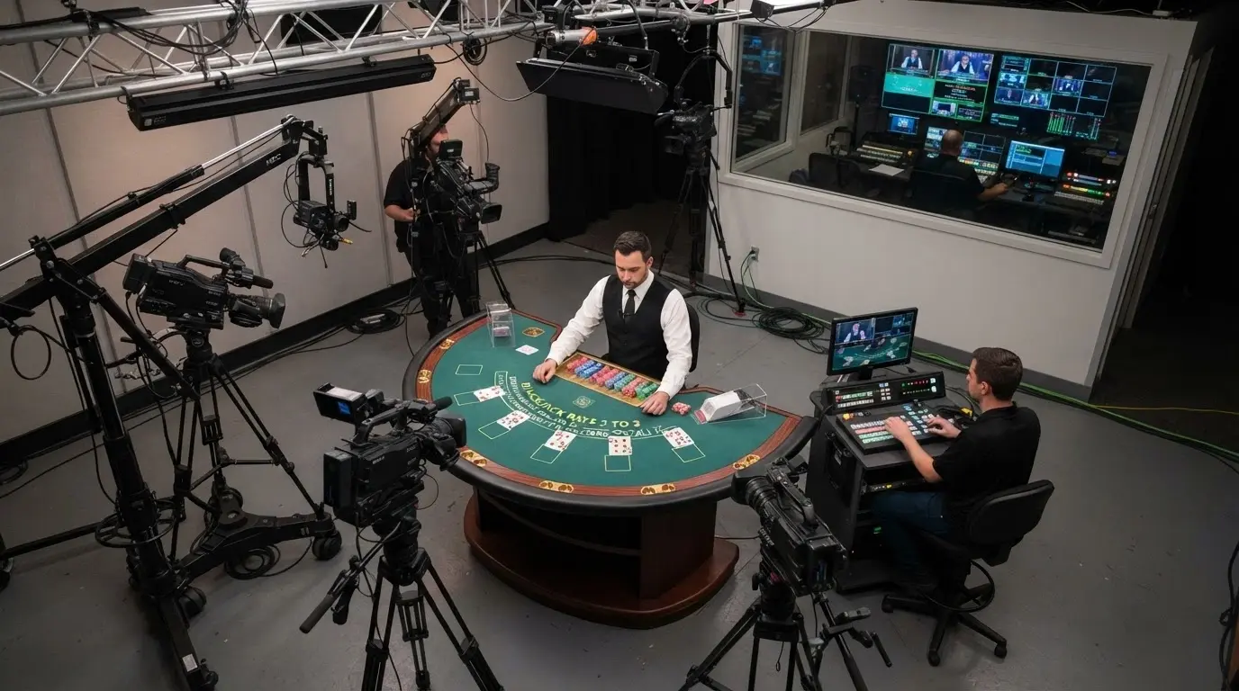 Uno studio di casinò live visto dall'alto: telecamere 4K puntate su un tavolo da blackjack, cabina di regia sullo sfondo