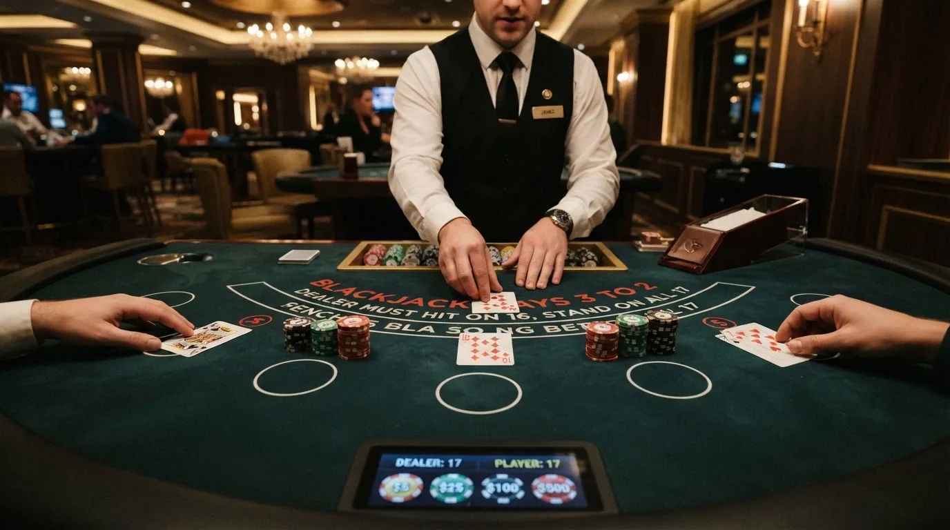 Un tavolo di blackjack dal vivo con croupier in uniforme, fiches impilate e interfaccia di gioco visibile sullo schermo