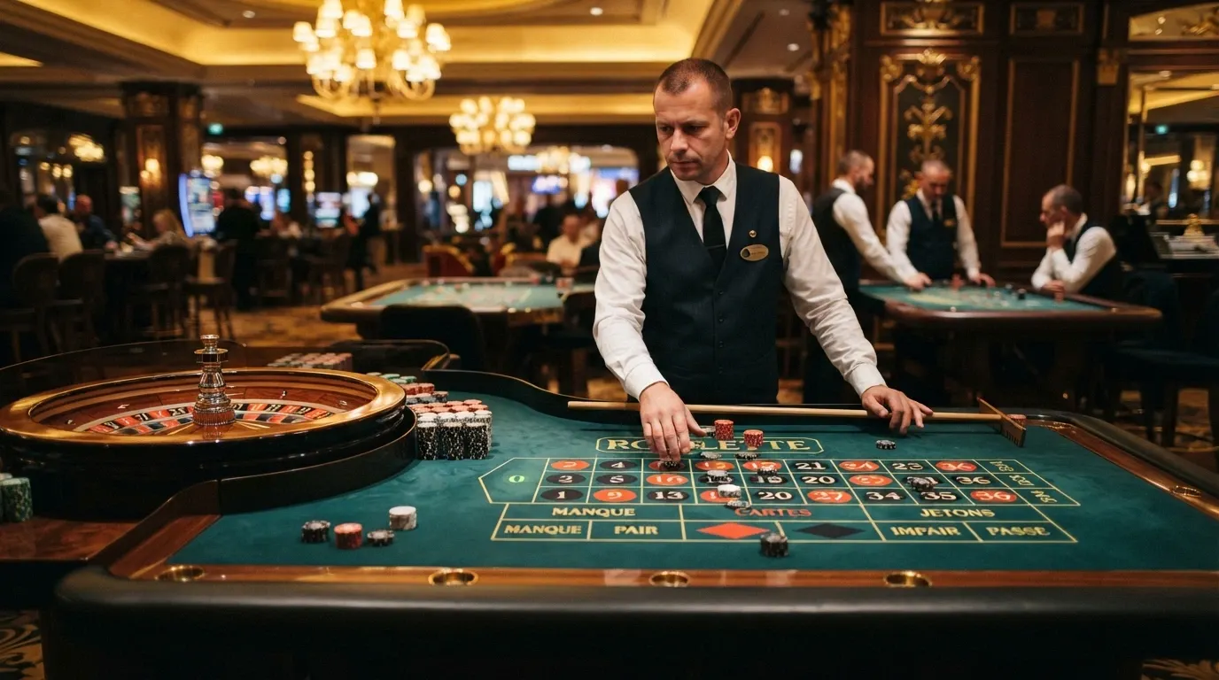 Un tavolo di roulette francese con croupier nella sala fisica del Casinò di Sanremo