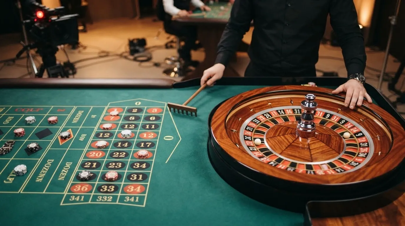 Un tavolo da roulette dal vivo con croupier inquadrato da una telecamera, accanto a un'icona di slot machine