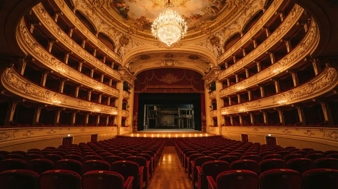 Il palco e la platea del Teatro dell'Opera del Casinò di Sanremo con i 255 posti in platea