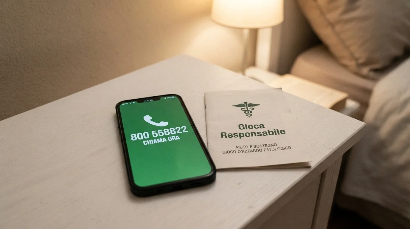 Un telefono con il numero verde 800 558822 in evidenza, accanto al logo del Servizio Sanitario Nazionale e alla scritta GiocaResponsabile.it