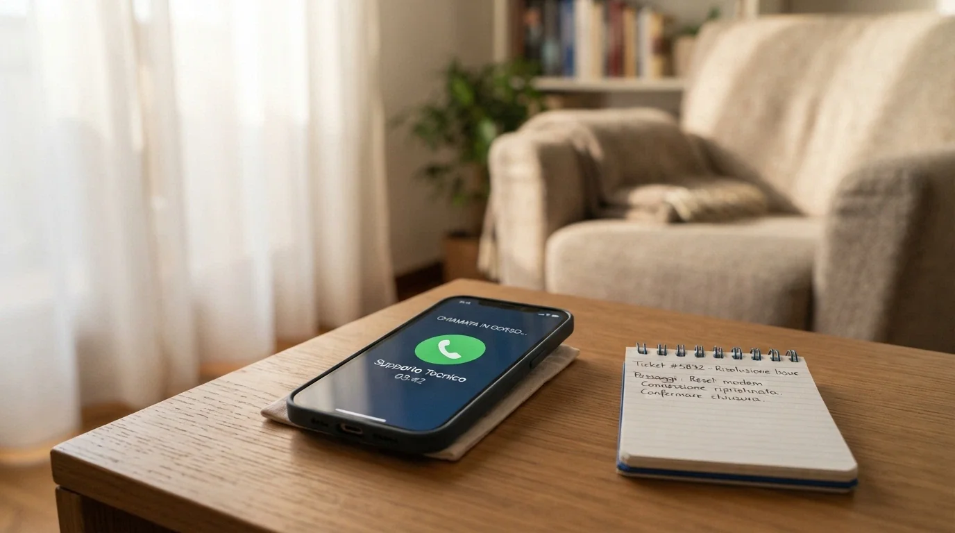 Un telefono fisso con la cornetta sollevata e un block-notes accanto con scritto «TVNGA — Telefono Verde Gioco d'Azzardo», in un ambiente domestico sereno
