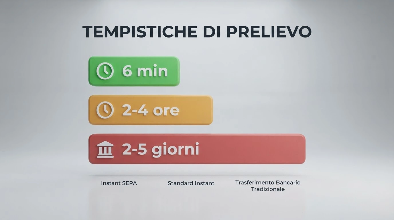 Grafico comparativo dei tempi di prelievo: elaborazione casinò, accredito SCT Inst e bonifico ordinario a confronto