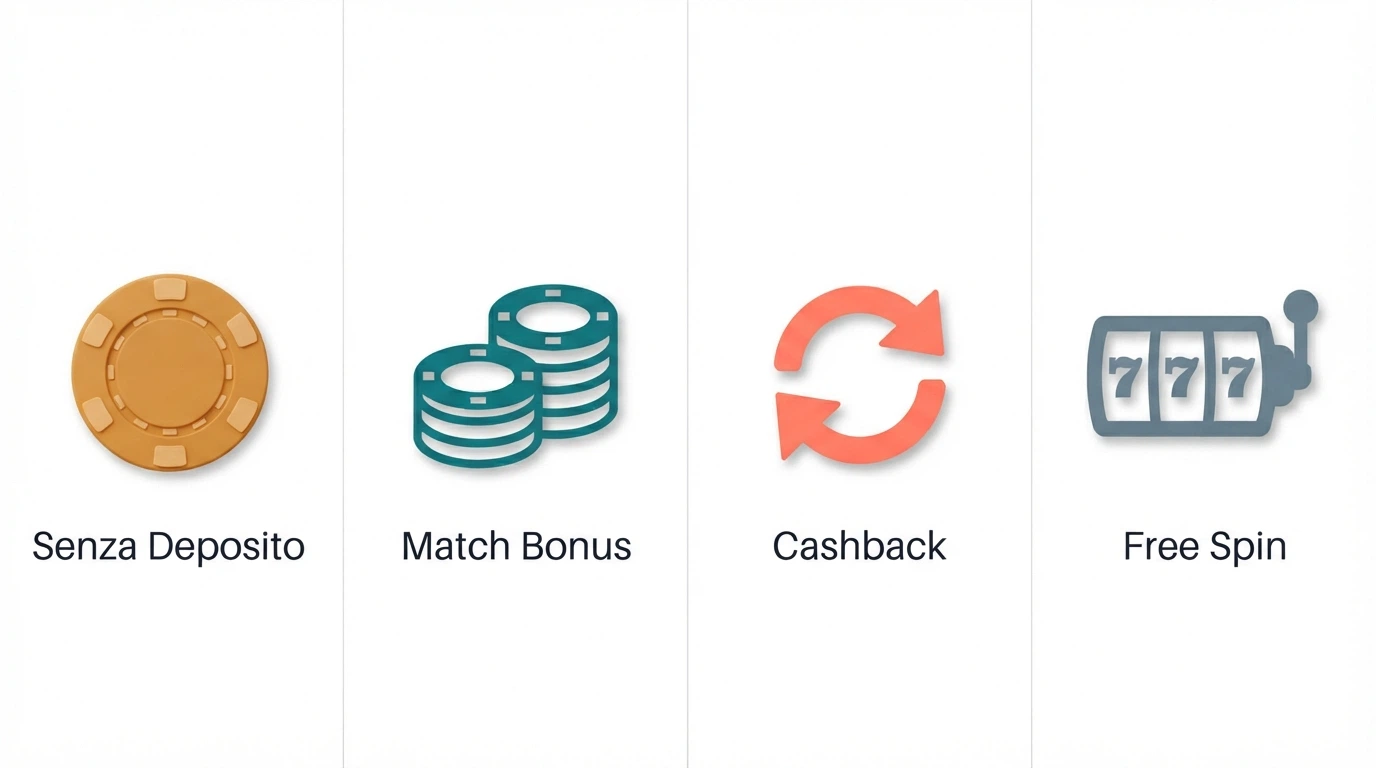 Riquadri affiancati che mostrano quattro tipologie di bonus: senza deposito, match, cashback, free spin