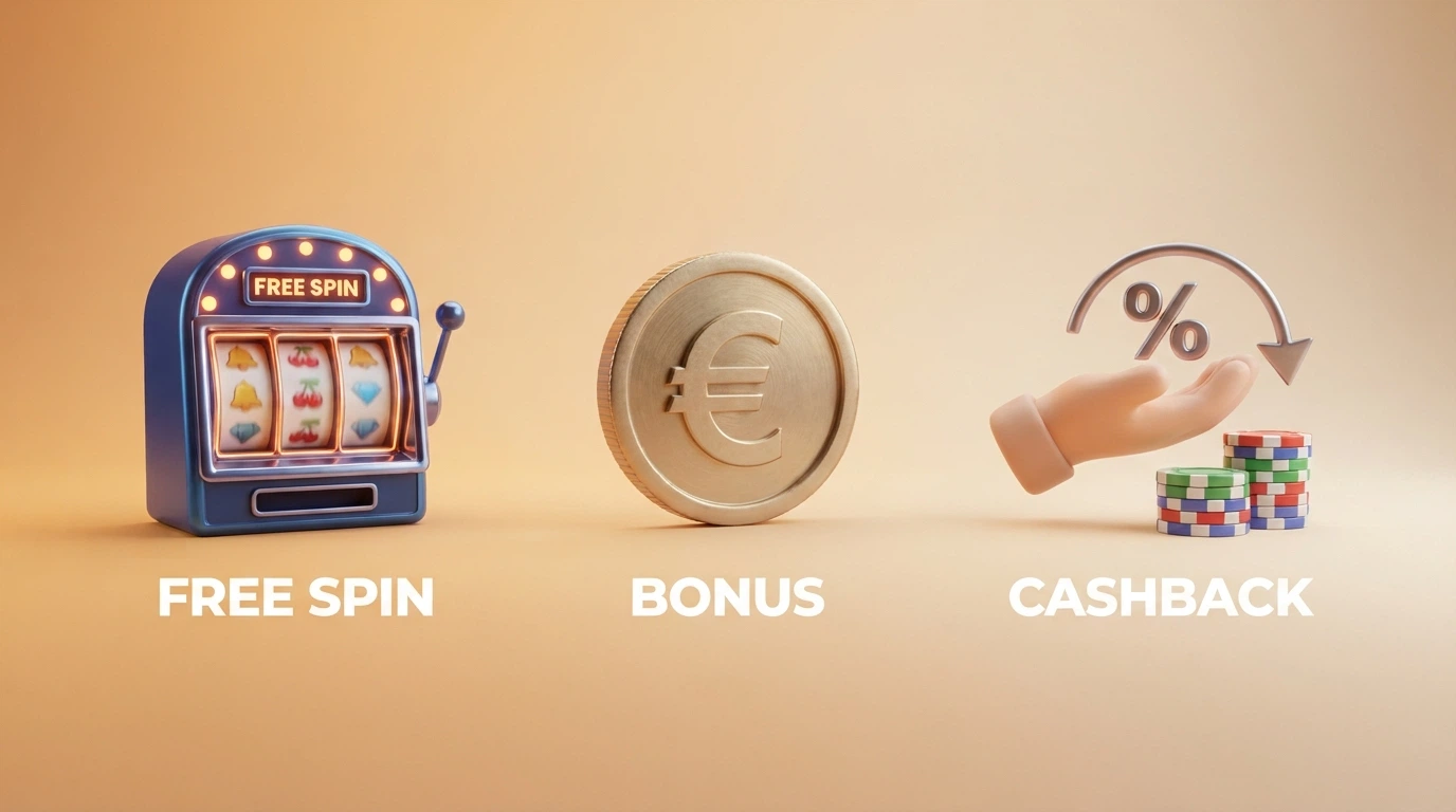 Tre icone affiancate che rappresentano le forme del bonus: una slot machine con la scritta «Free Spin», una moneta con il simbolo dell'euro e la scritta «Bonus», una mano che restituisce una percentuale con la scritta «Cashback»