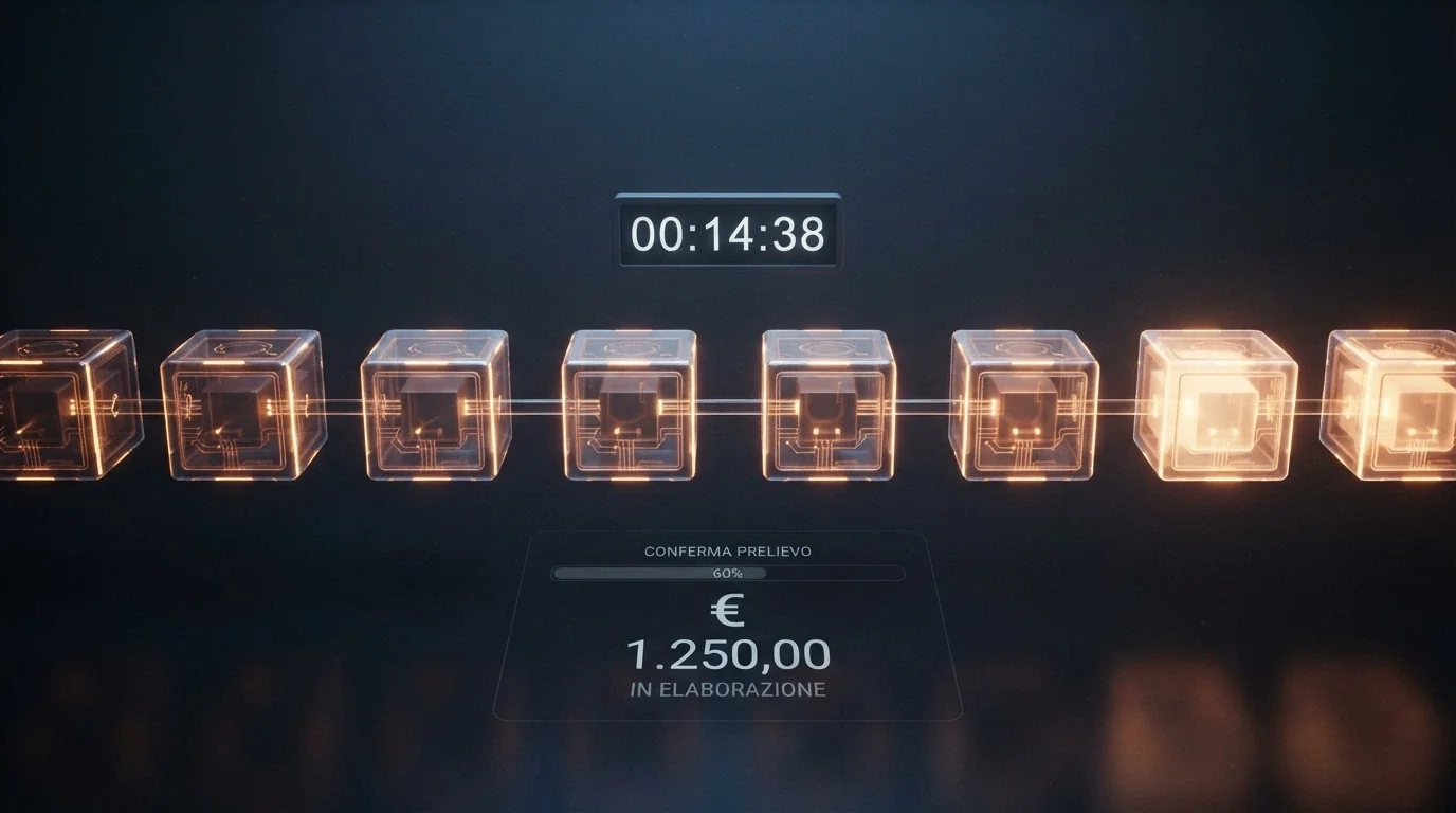 Una rappresentazione visiva di una transazione Bitcoin in corso: blocchi della catena che si illuminano in sequenza, con un timer digitale che segna il tempo di conferma, sovrapposta alla schermata di prelievo di un casinò