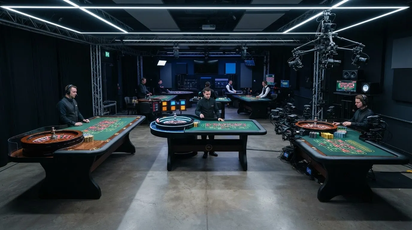 Tre ruote della roulette affiancate — una classica europea, una con moltiplicatori luminosi e una con interfaccia Immersive multischermo