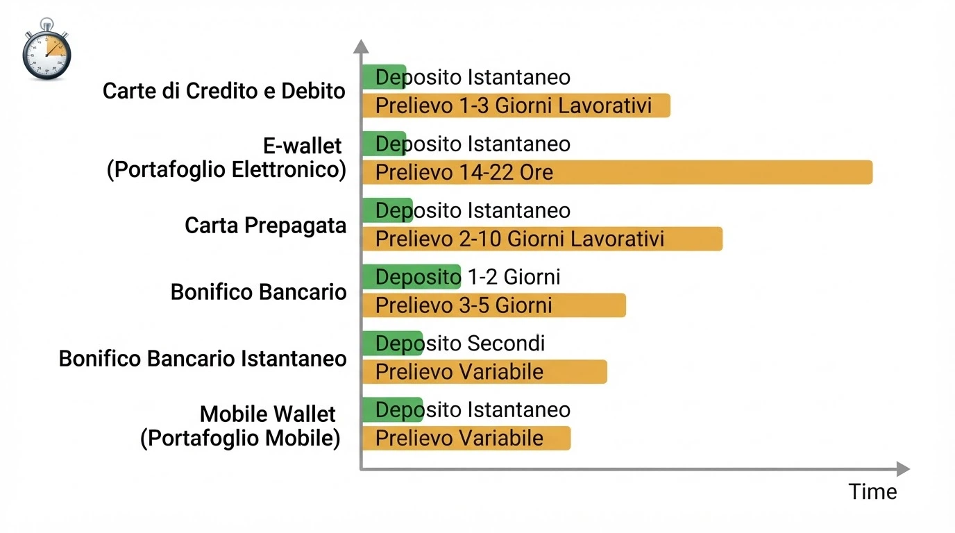 Un cronometro digitale affiancato alle icone dei metodi di pagamento principali, con una barra che confronta i tempi di deposito e prelievo per ciascuno