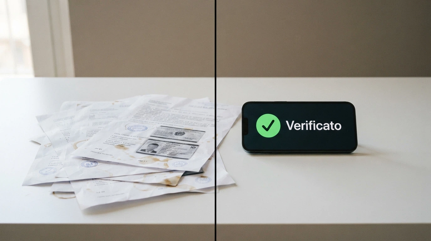 confronto visivo tra due metodi: a sinistra una pila di fotocopie di documenti, a destra uno smartphone con il simbolo di identità digitale verificata