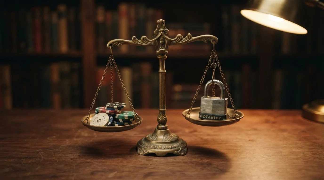 Una bilancia con da un lato una pila di fiches colorate e dall'altro un lucchetto, a rappresentare l'equilibrio tra valore nominale e vincoli di riscatto