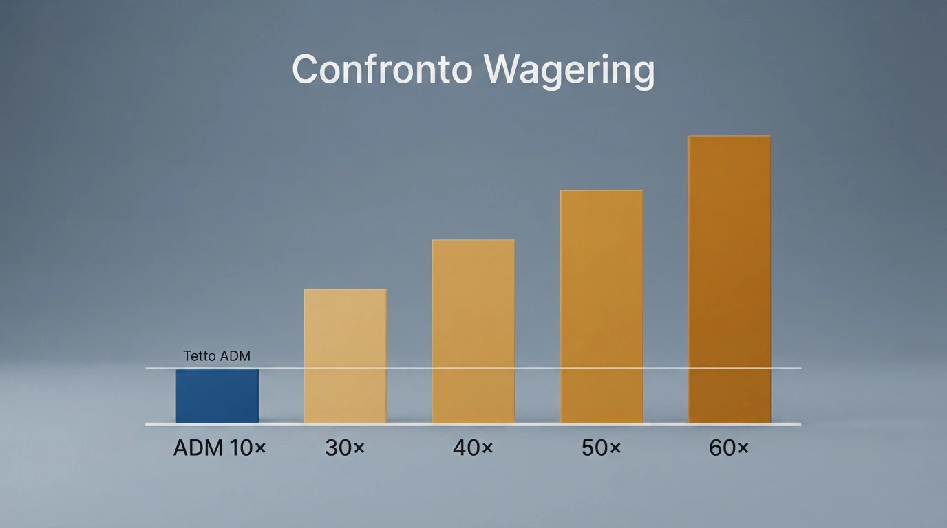 Un grafico a barre che confronta il wagering medio ADM (10×) con quello offshore (30×, 40×, 50×, 60×), con la barra ADM nettamente più bassa