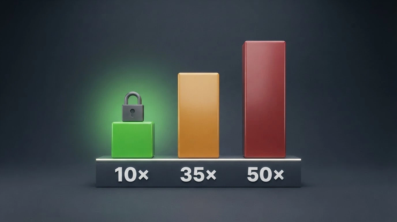 Un grafico a barre che confronta il wagering 10× (ADM) con 35× e 50× (mercato non regolamentato), con un lucchetto sopra la barra 10×